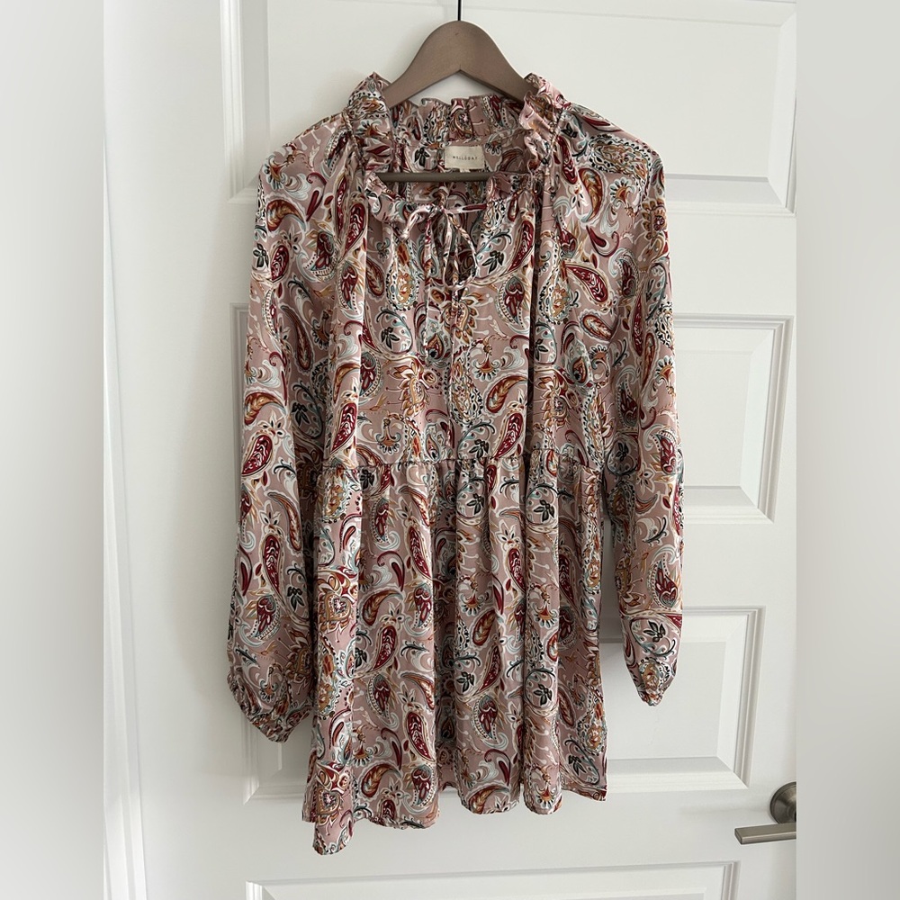 Melloday Paisley Ruffle Blouse Tan Brown Size L